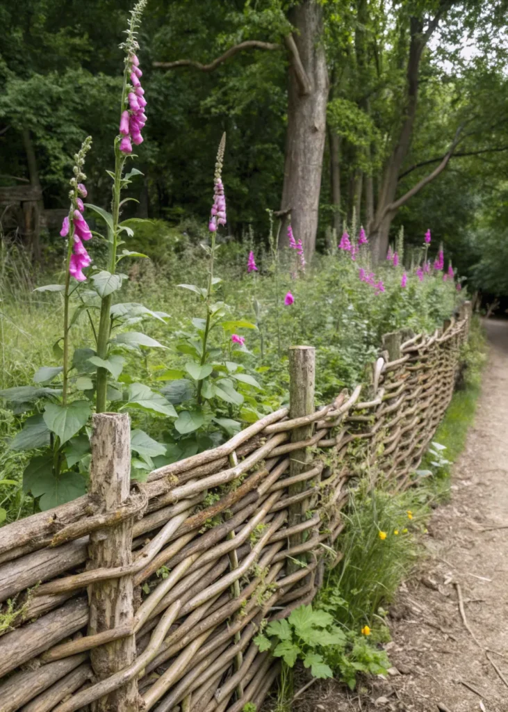18 woven hazel fence with foxgloves show a reali