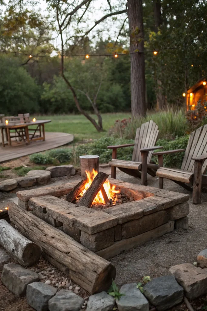 19 an old railroad tie fire pit surrounded by rus