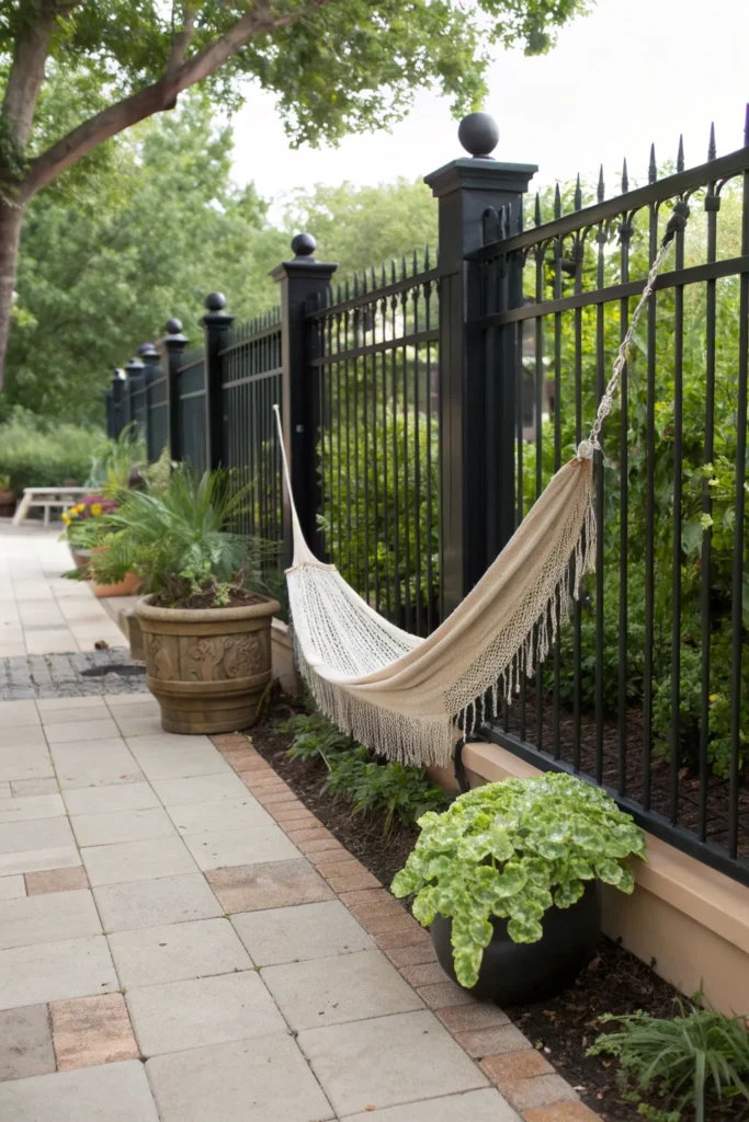 19 black fence with relaxing hammocks a black fe