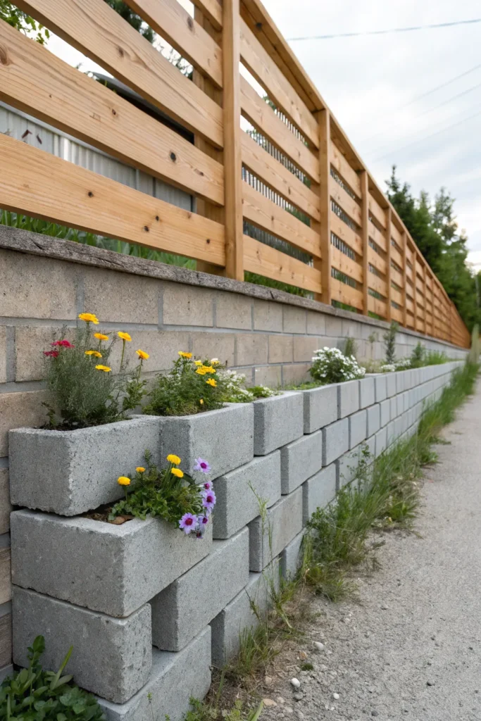 19 cinder block and wood fence depict a fence co