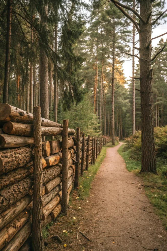 19 log fence woodland scene with stacked and upr