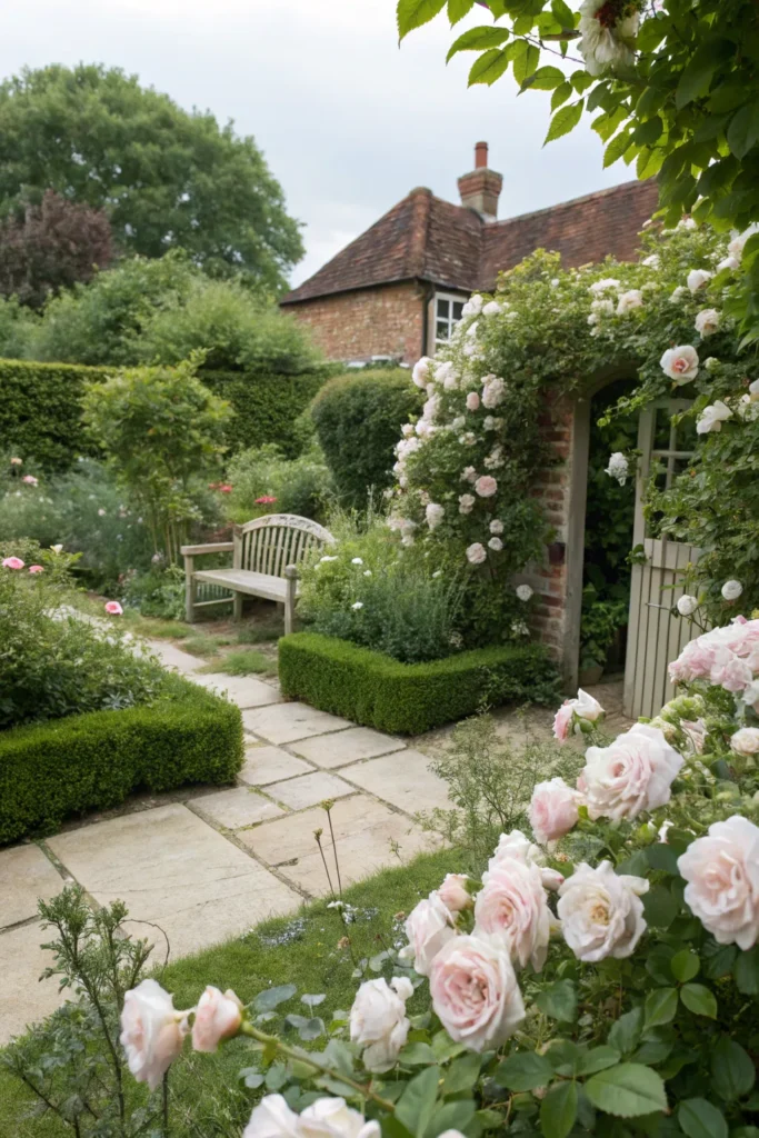 19 secluded cottage garden with pale pink roses