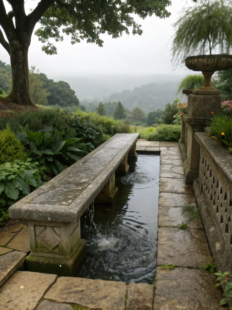 19 stone garden bench with a narrow water channel