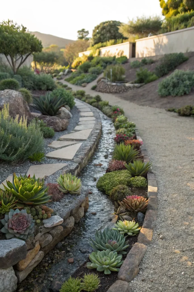 19 succulent garden with subtle water streams a