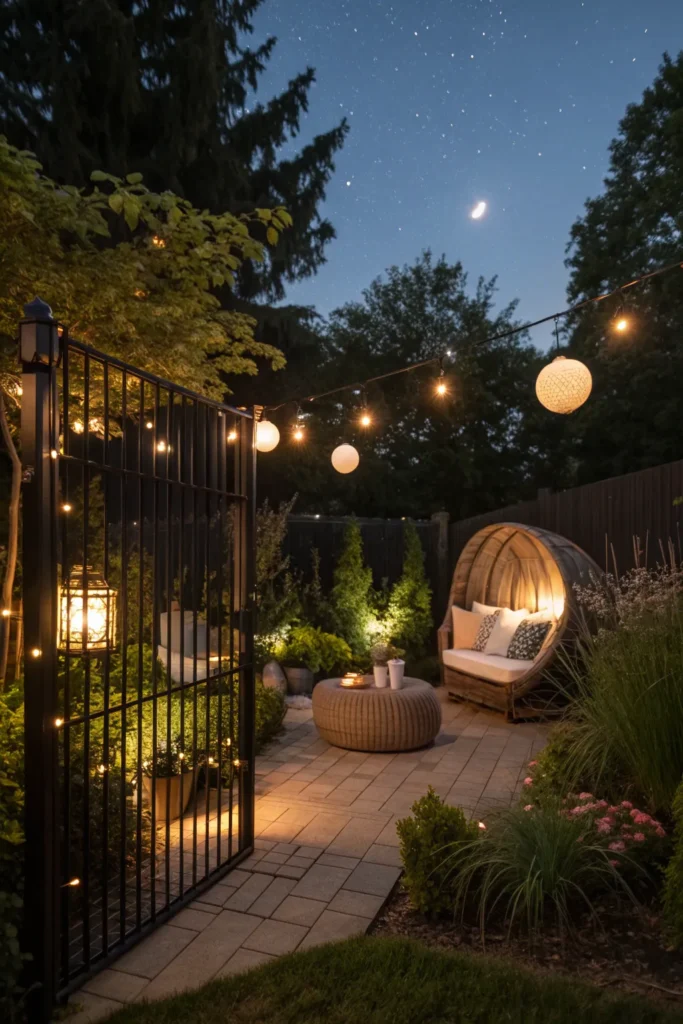 2 black fence with magical garden lighting a nig