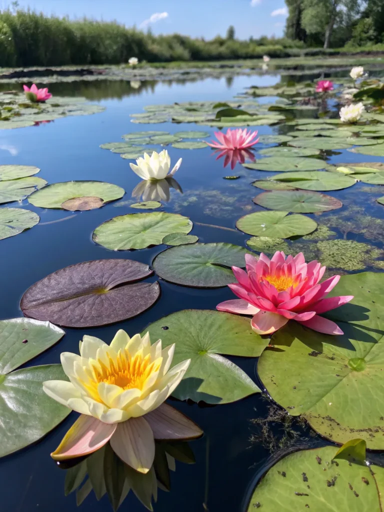 2 floating lilies pond a tranquil pond covered
