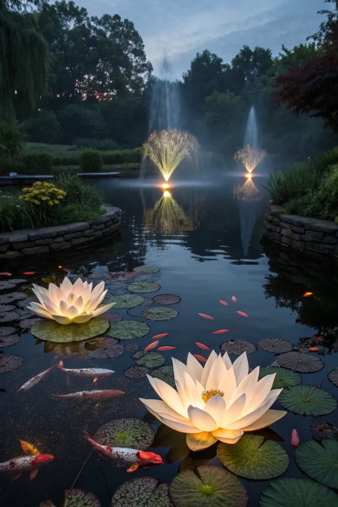 2 floating lotus pond light a night garden scene