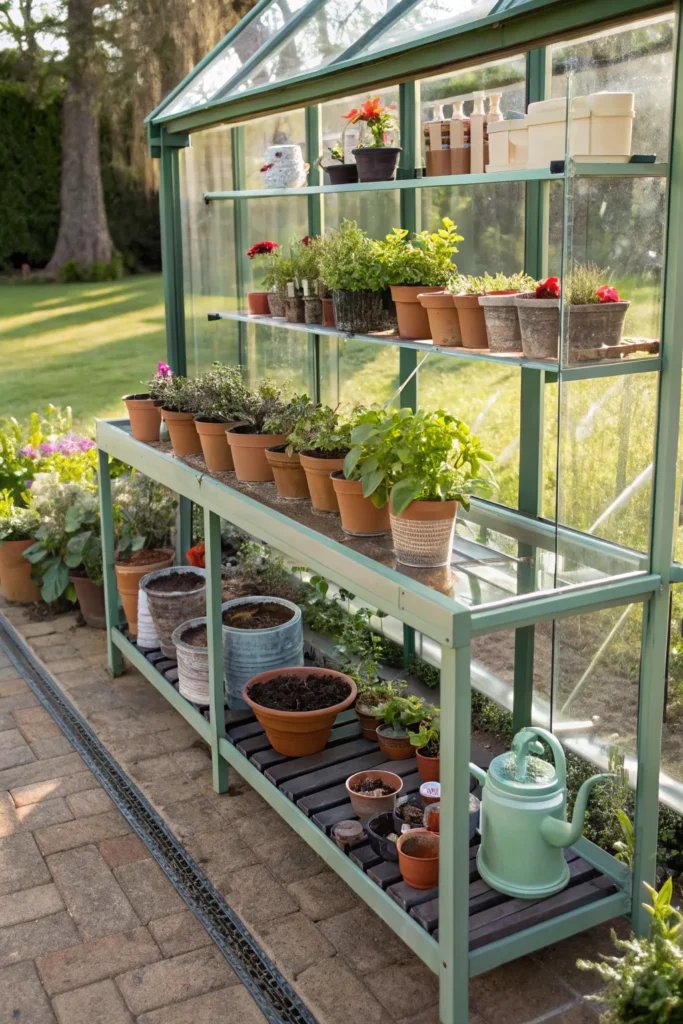 2 greenhouse inspired bench with glass shelves po