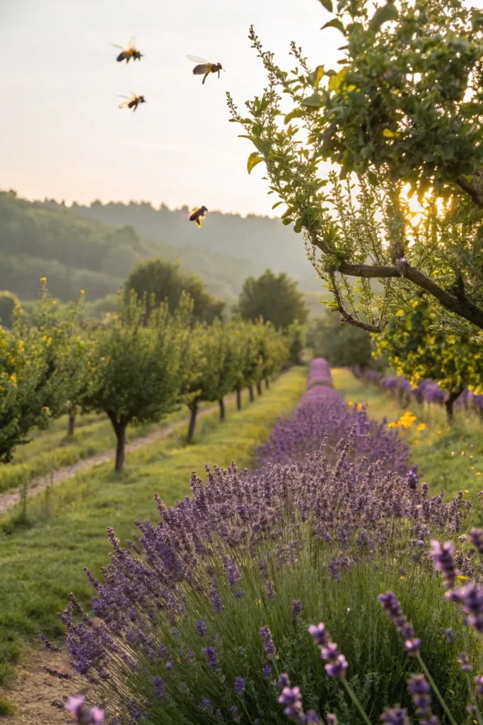 2 lavender and fruit trees an orchard scene wi