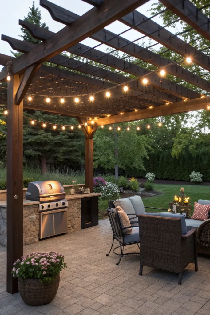 2 pergola with string lights patio bbq area ideas