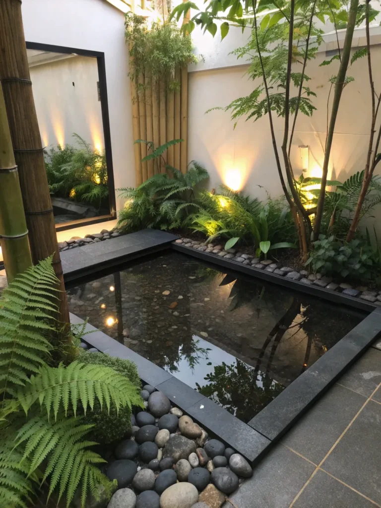 2 photorealistic image of a small courtyard with