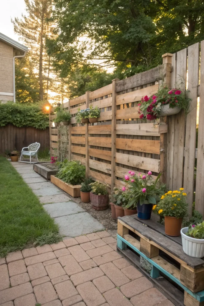 2 recycled pallet fence show a rustic backyard w