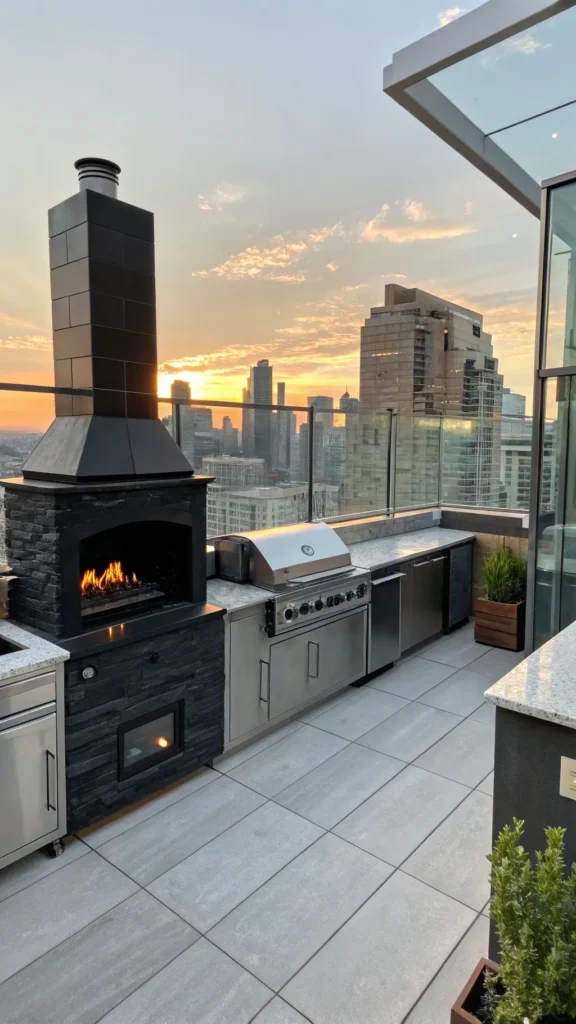 2 urban rooftop outdoor kitchen with black stone