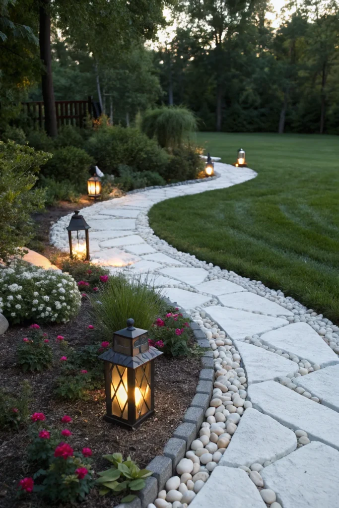 2 white stone pathways and entrances a garden en