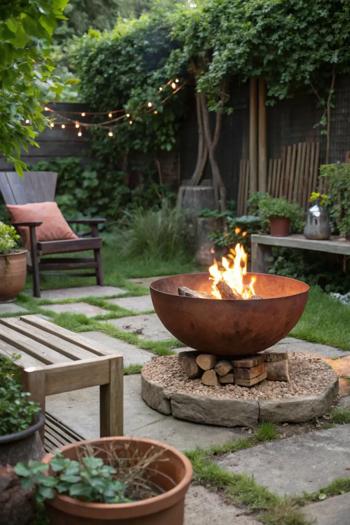 20 a terracotta fire bowl sits in a backyard surr