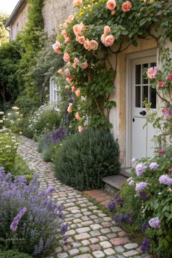 20 fragrant front garden with peach roses front