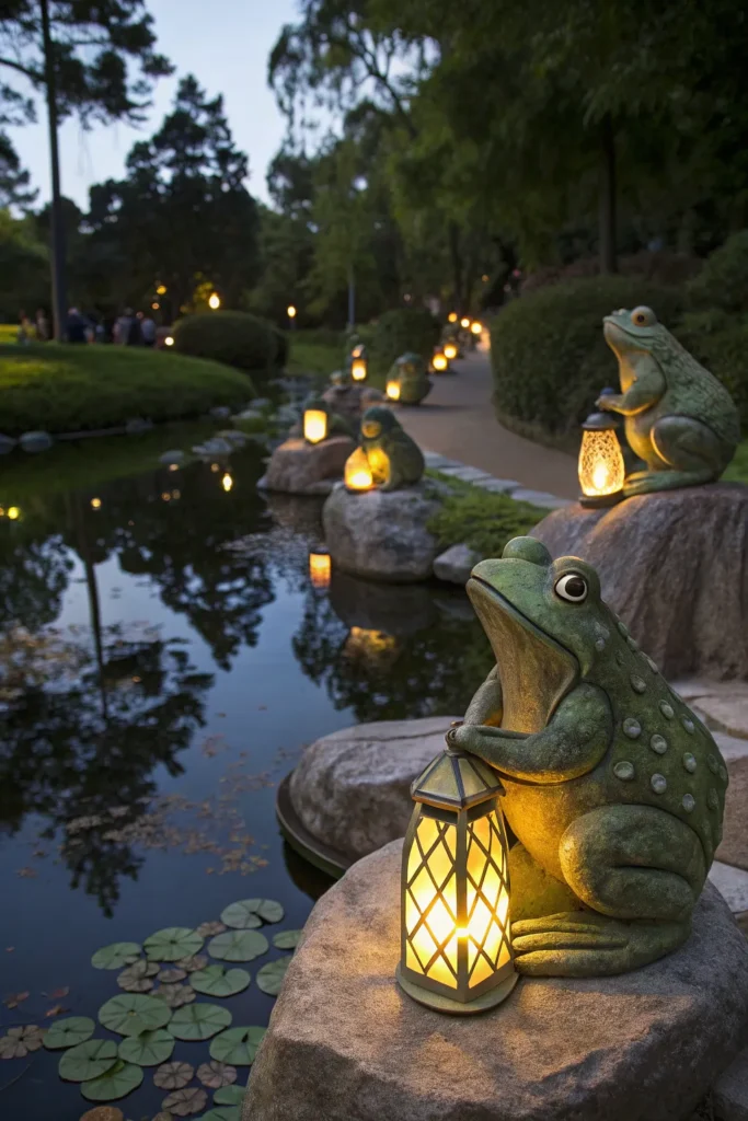 20 playful illuminated frog statues perched by t