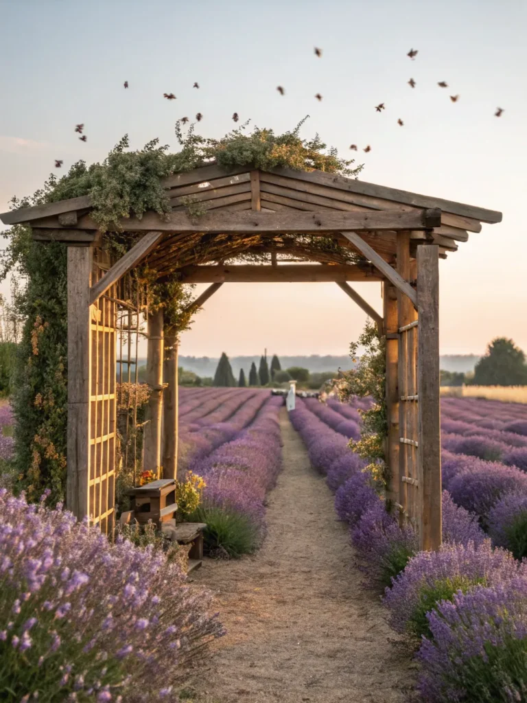 20 realistic scene of a wooden arbor flanked by r