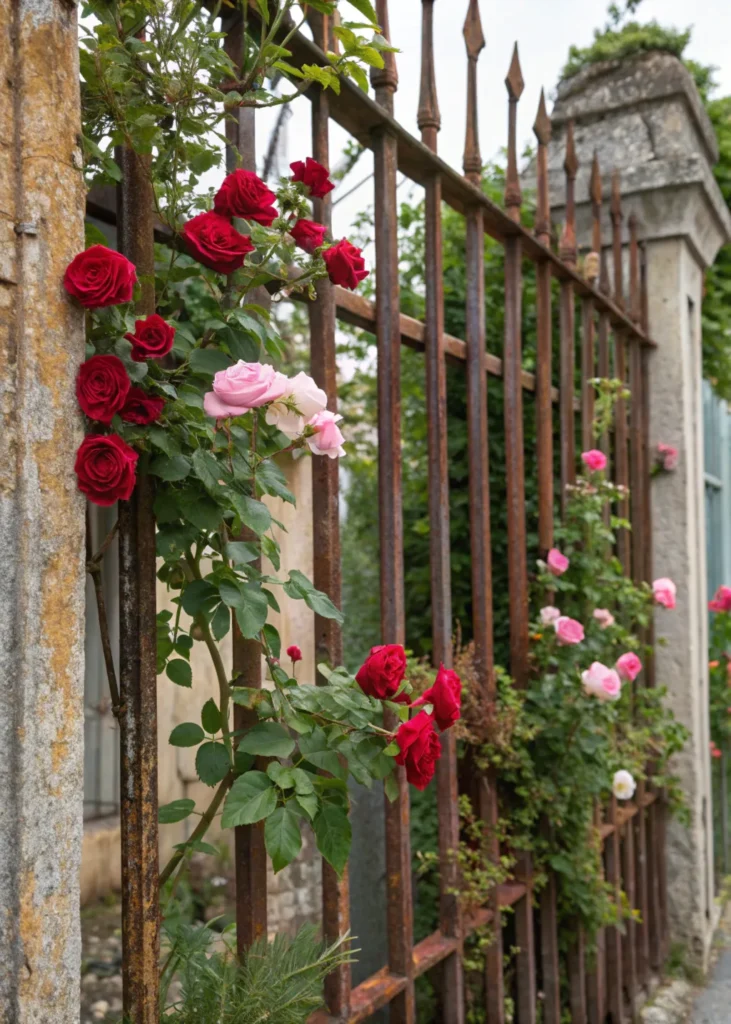 20 rusted metal fence with roses create a realis