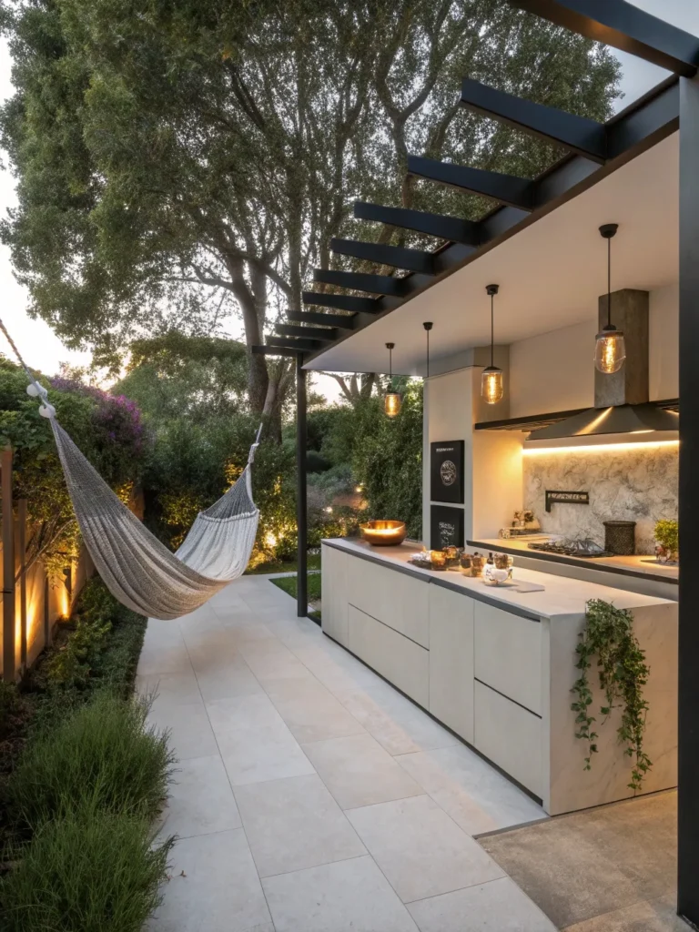 20realistic photo of a modern outdoor kitchen feat