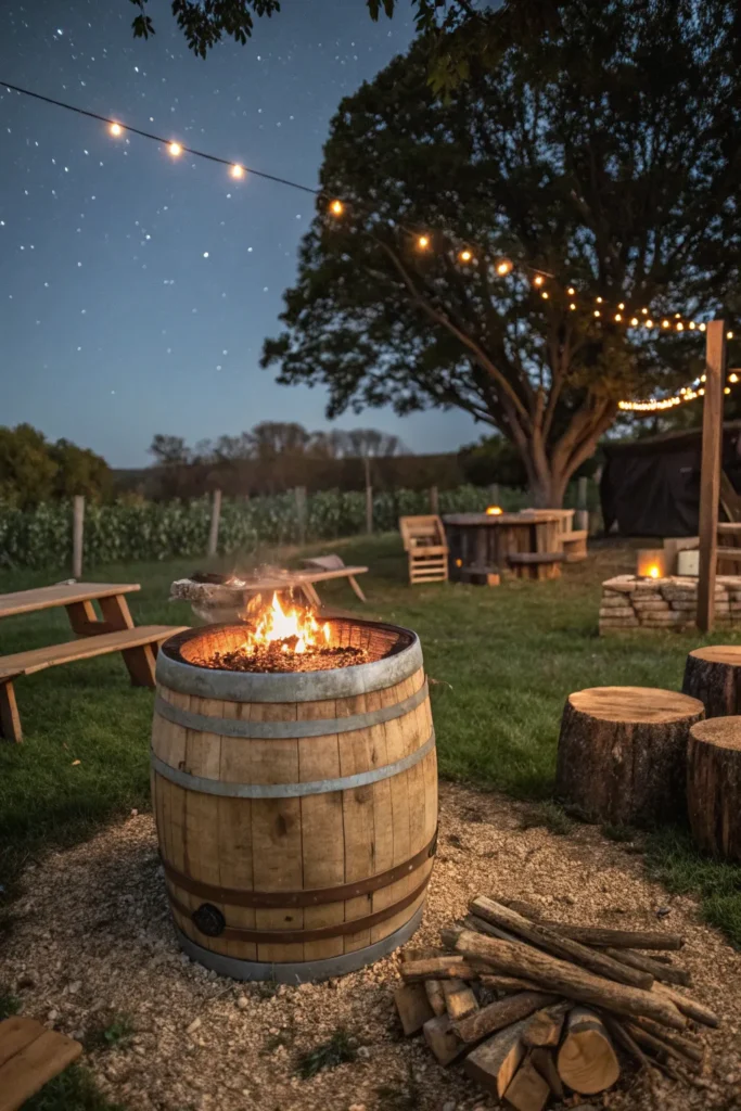 21 a wooden drum barrel converted into a fire pit