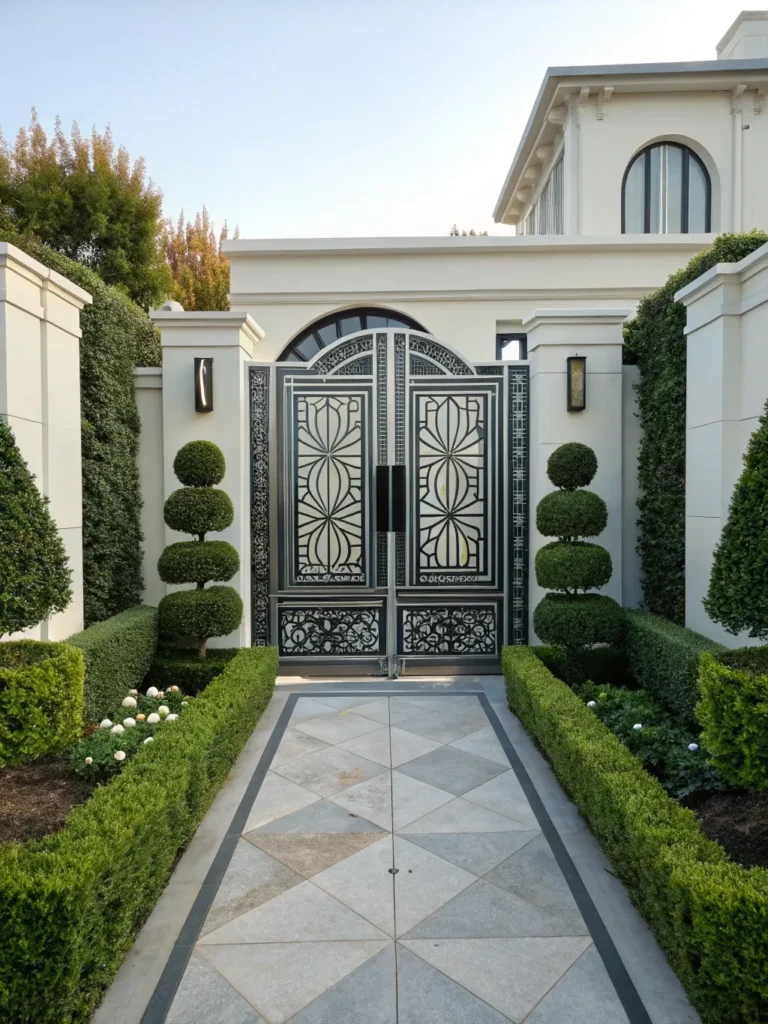 21 bold geometric patterned gate in brushed metal