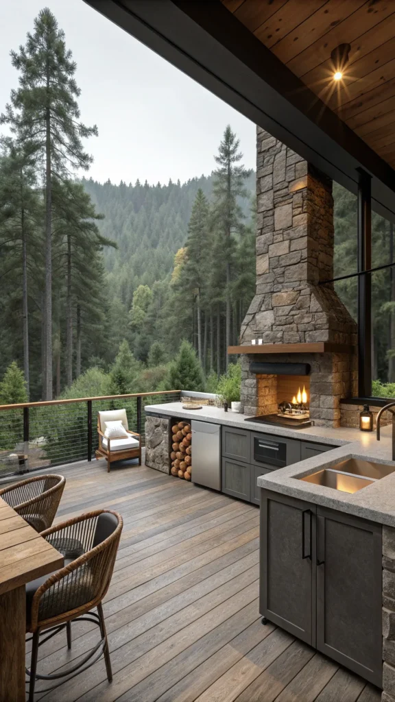 21 modern rustic outdoor kitchen with forest bac