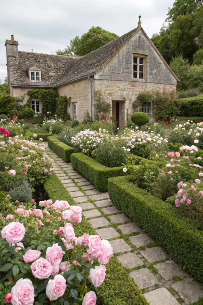 21 neat cottage garden with pink and white roses