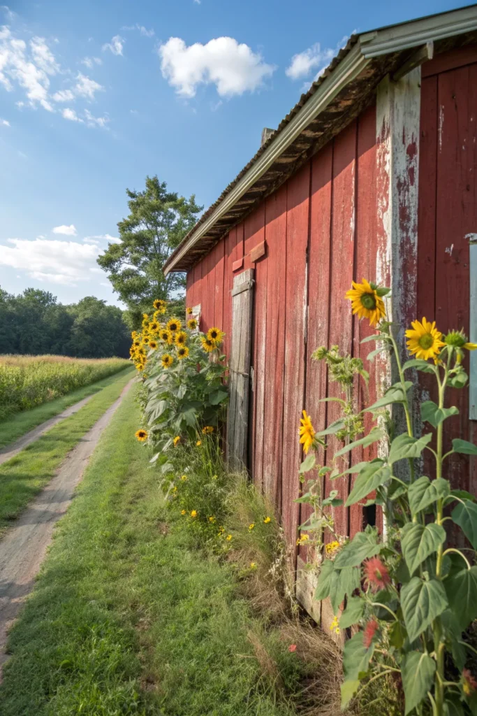 21 weathered red painted shed with sunflowers r