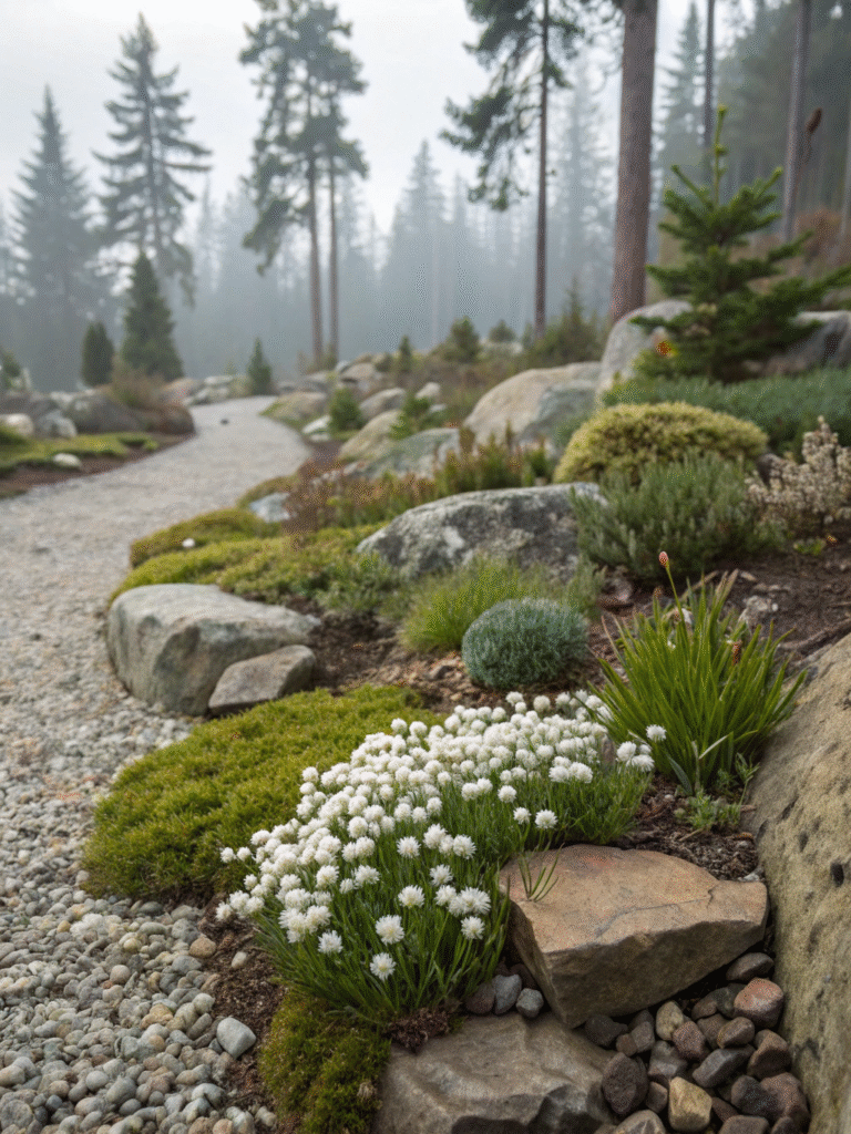 21realistic photo of a serene alpine rock garden w