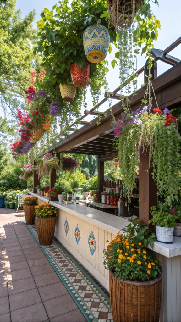 22 hanging plant pots outdoor bar adorned with