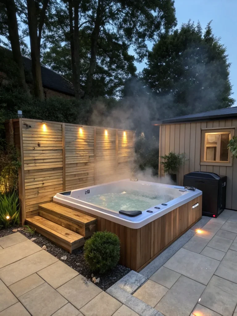 22 in ground hot tub with wood surround a slee