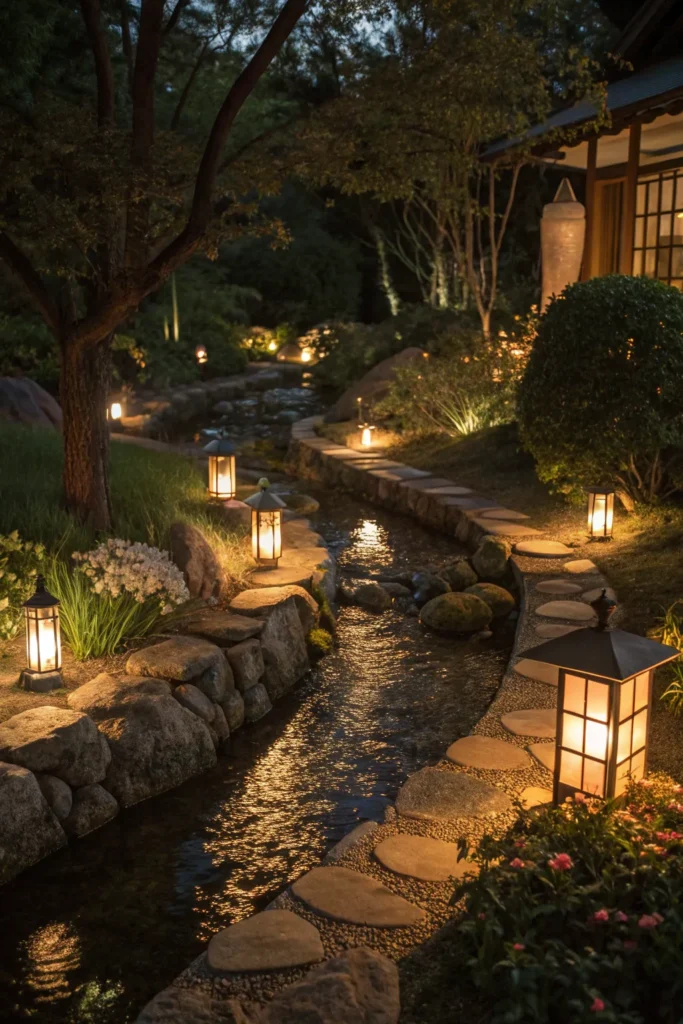 22 stream gardens with lighting effects at night