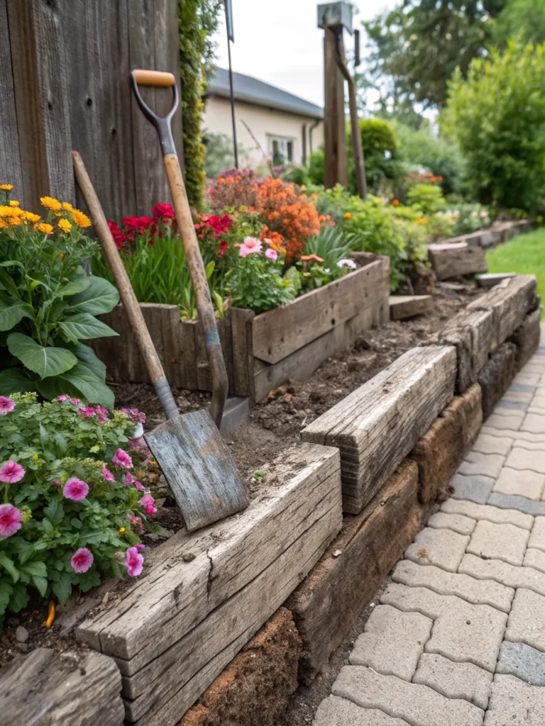 22aged garden showing weathered grain sleepers wit