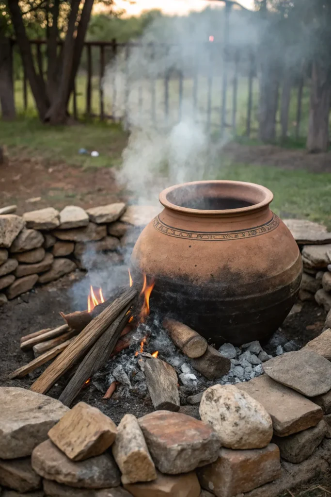 23 a large clay pot sits in the center of a rusti