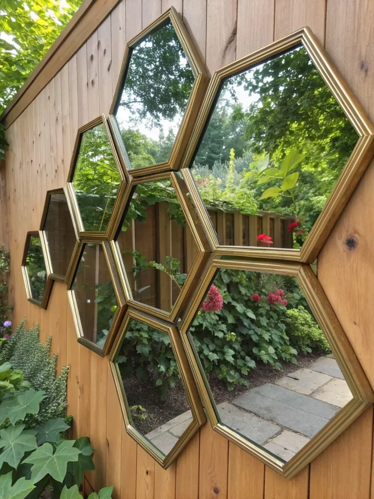 23 a shiny brass framed hexagonal mirror reflecti