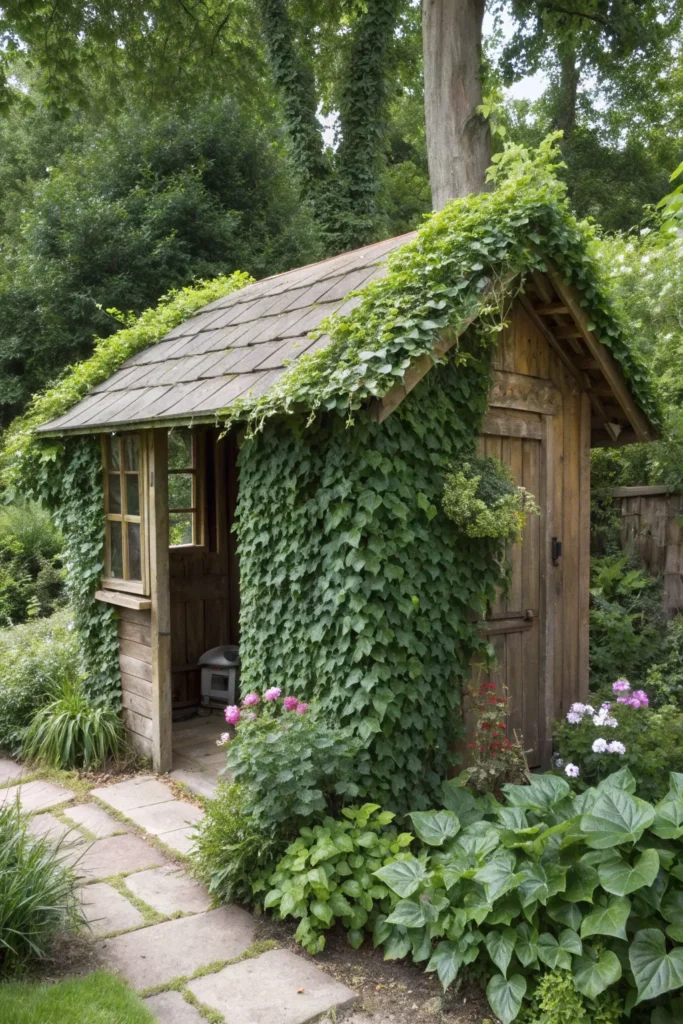 23 wooden cottage shed with climbing ivy realis