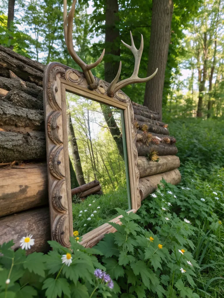 24 a rustic mirror framed with sculpted faux antl