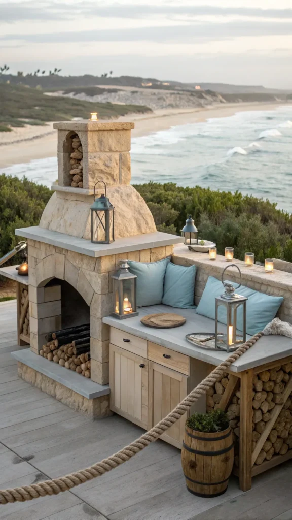 24 coastal style outdoor kitchen with driftwood