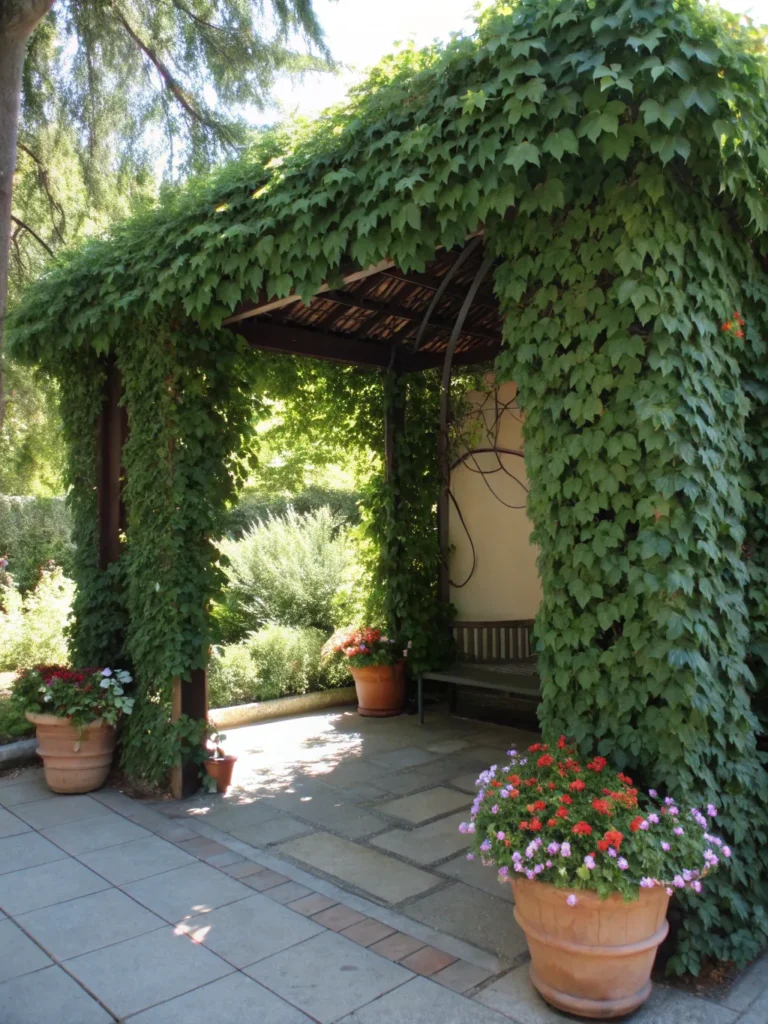 24 realistic scene of a tall arbor covered in den