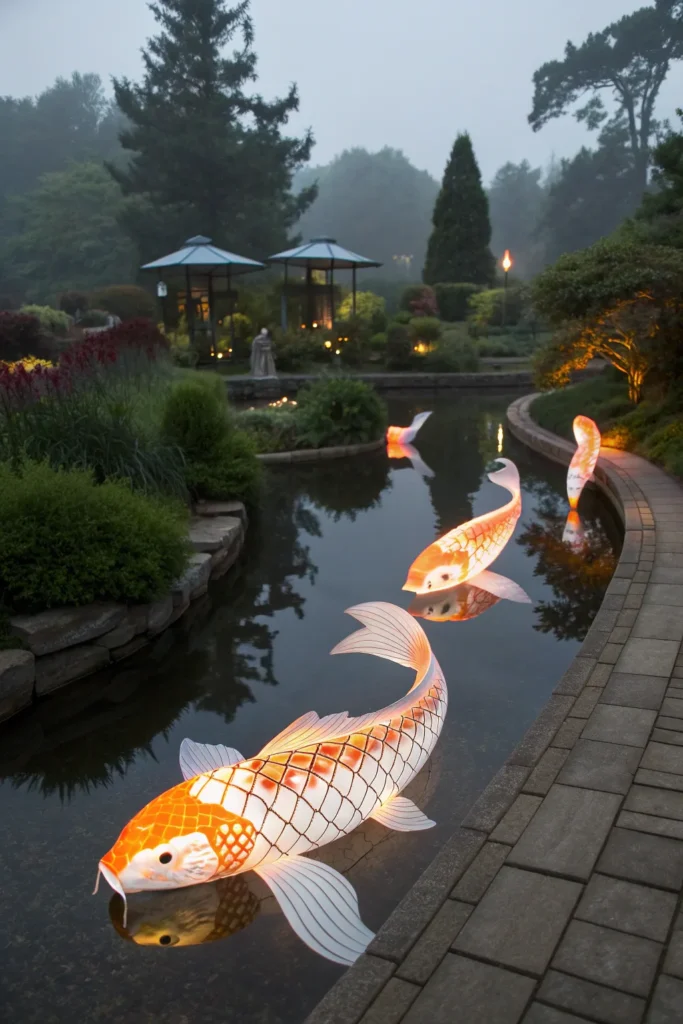 24 sculptures of koi fish glowing in soft orange