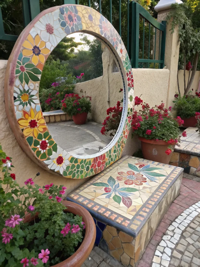 25 a circular mirror bordered with colorful hand