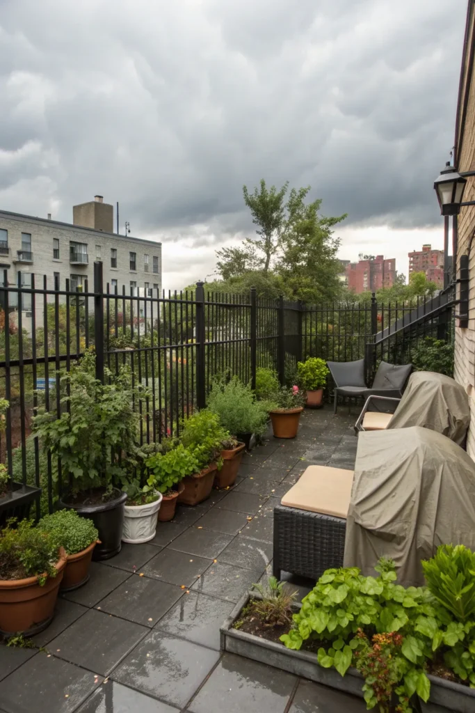 25 rainy day urban garden a black fence surround