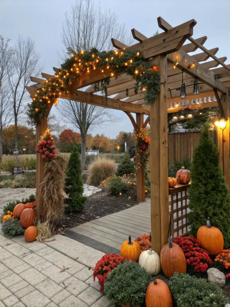 25 realistic image of a wooden arbor decorated wi
