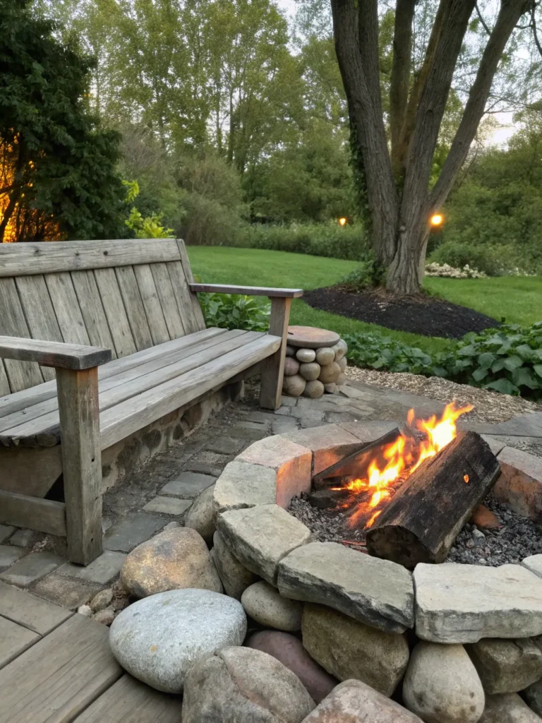 25 wooden bench seating natural fire pit ideas