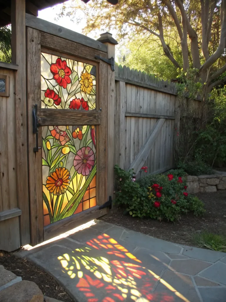 25 wooden gate with a stained glass panel depicti
