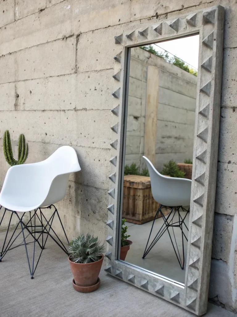 26 a concrete framed mirror with sharp edges plac