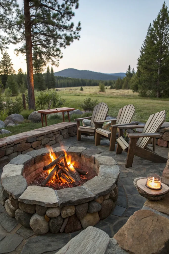 26 a stone and log fire pit surrounded by rustic