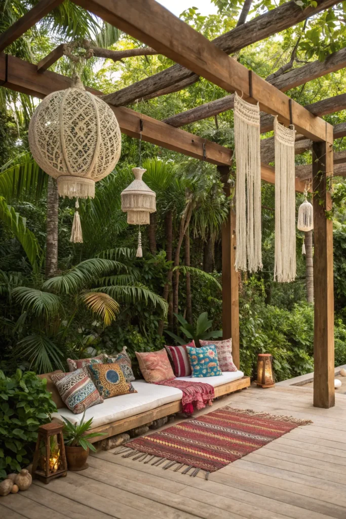26 relaxed bohemian jungle pergola draped with