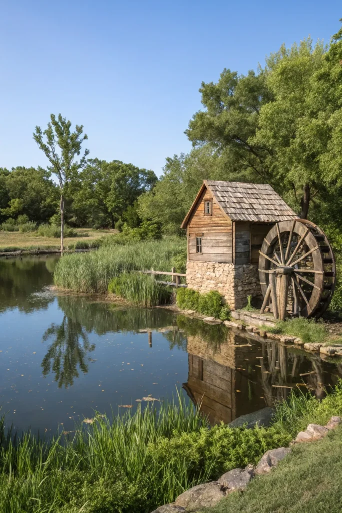 26 windmill pond a pond with a small wooden wi